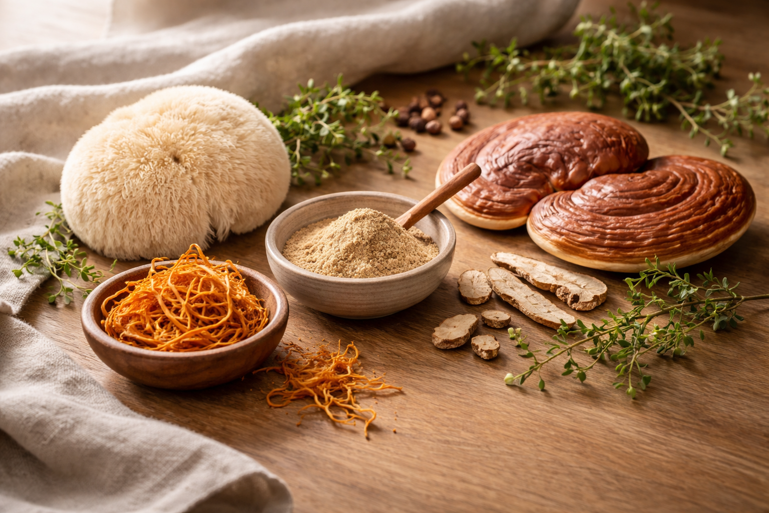 A collection of functional mushrooms and herbs on a wooden surface
