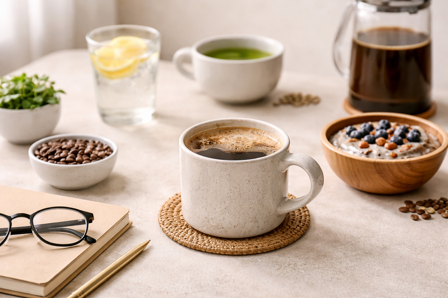 An assortment of drinks including green tea and coffee representing different focus beverages
