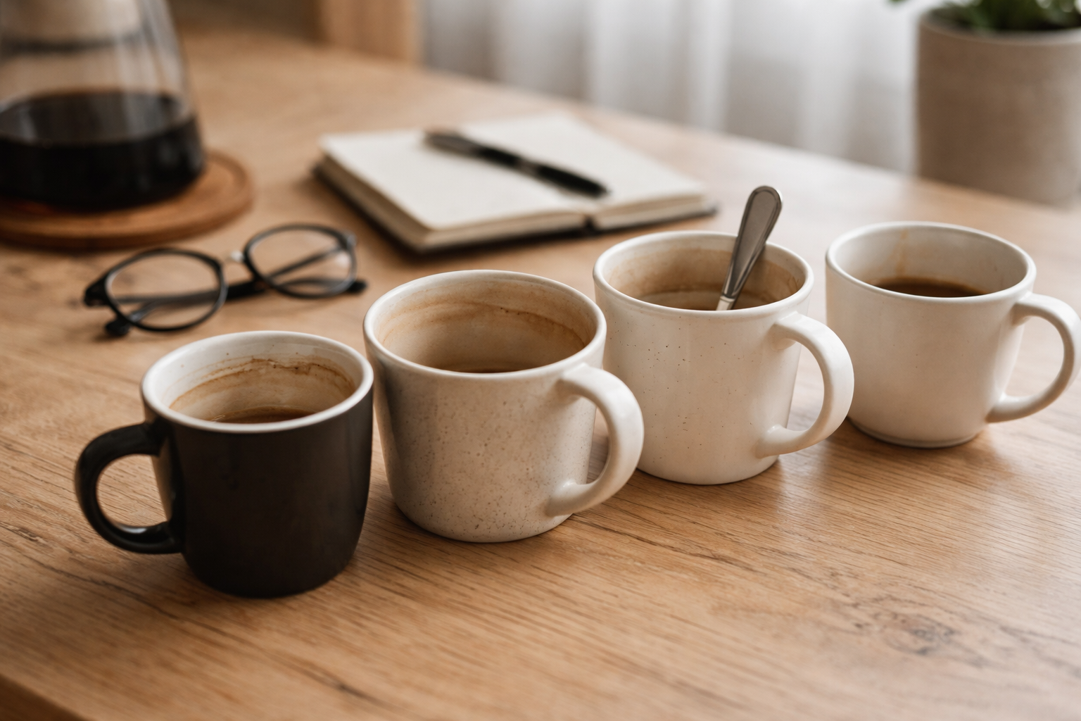 Person looking tired and stressed at a desk with a coffee cup nearby