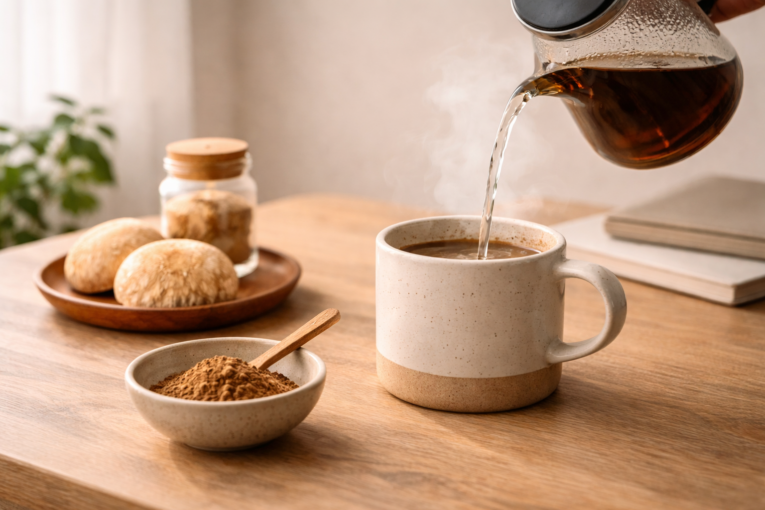 A cup of functional mushroom coffee on a calm morning surface