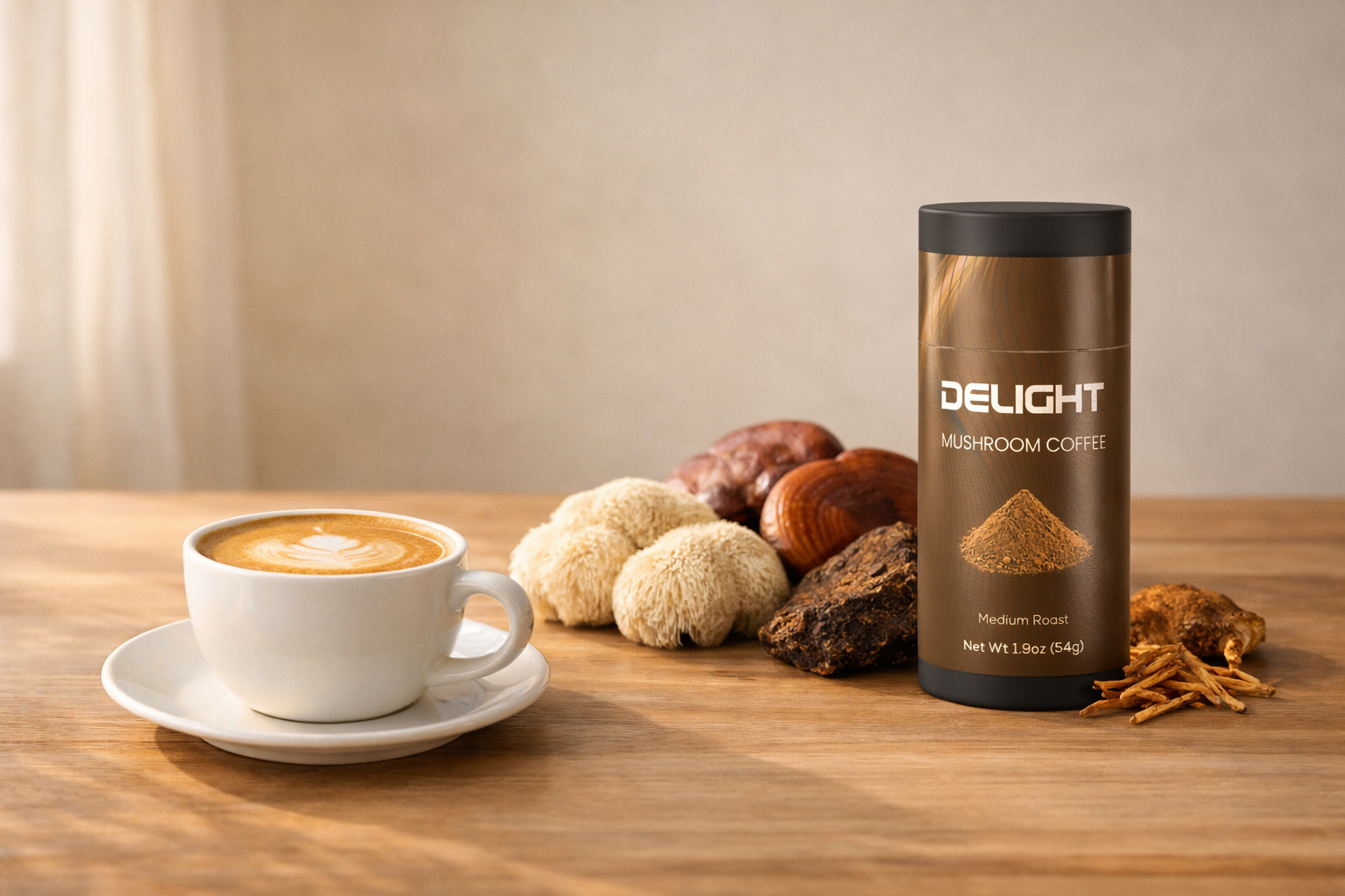 A steaming cup of mushroom coffee on a wooden table surrounded by natural elements