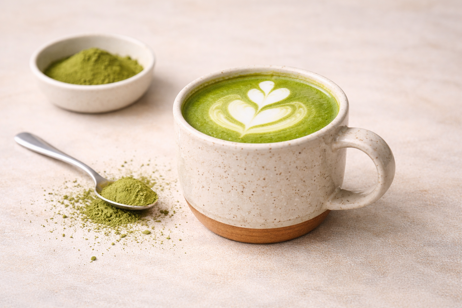 A vibrant green matcha latte in a ceramic cup on a wooden surface