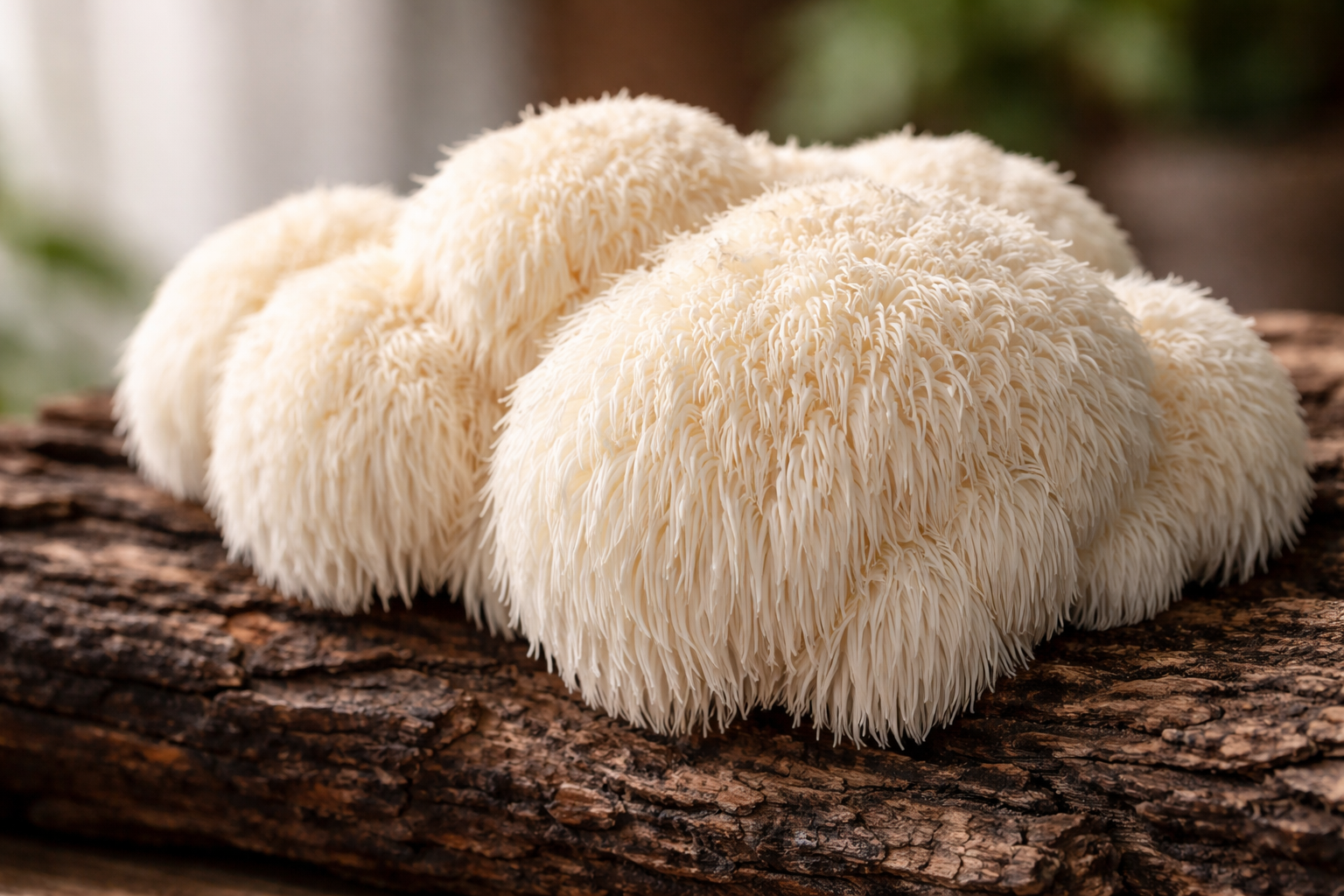 Lion's Mane mushroom close-up showing its distinctive white cascading appearance