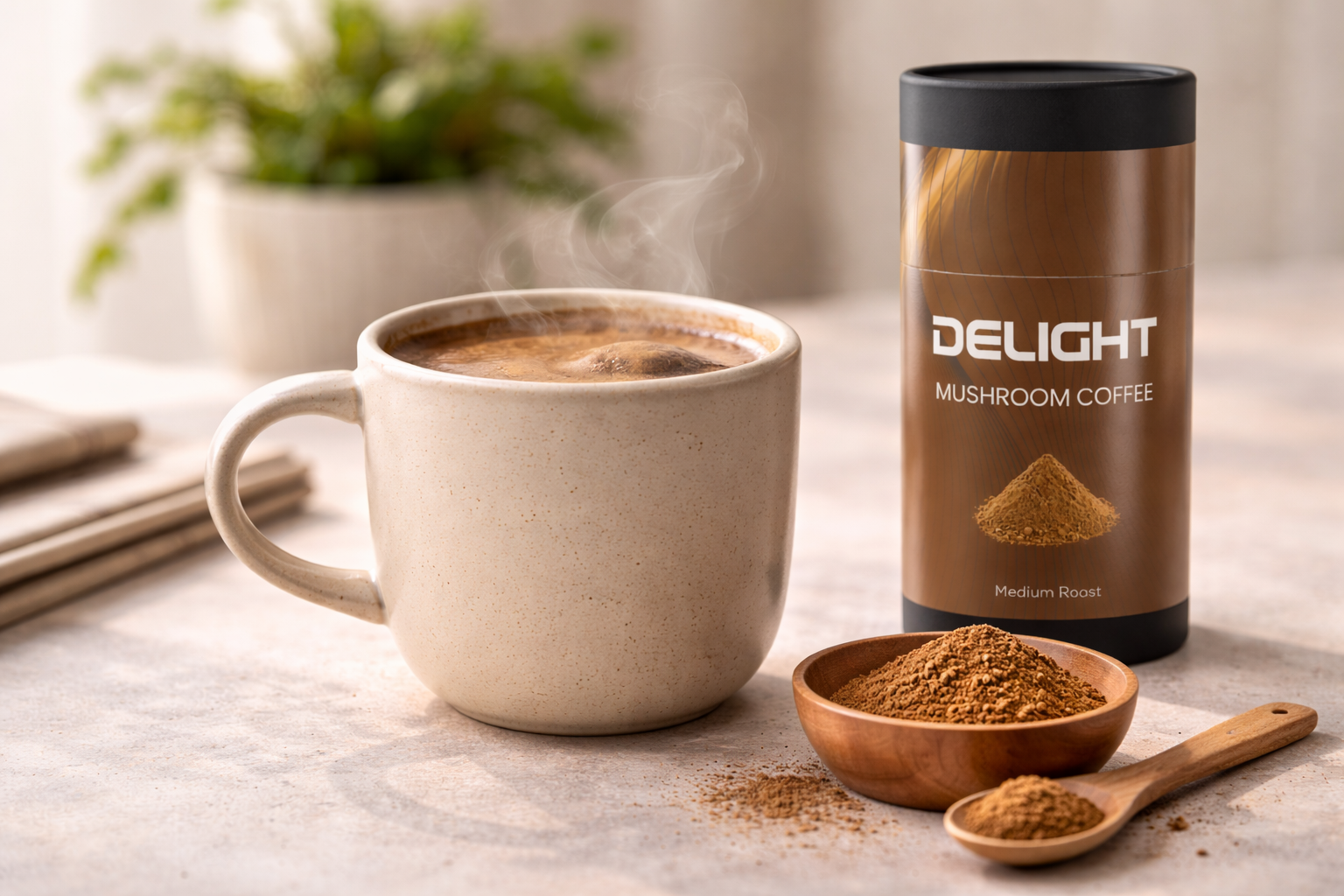 A cup of Lion's Mane mushroom coffee on a clean surface with natural morning light