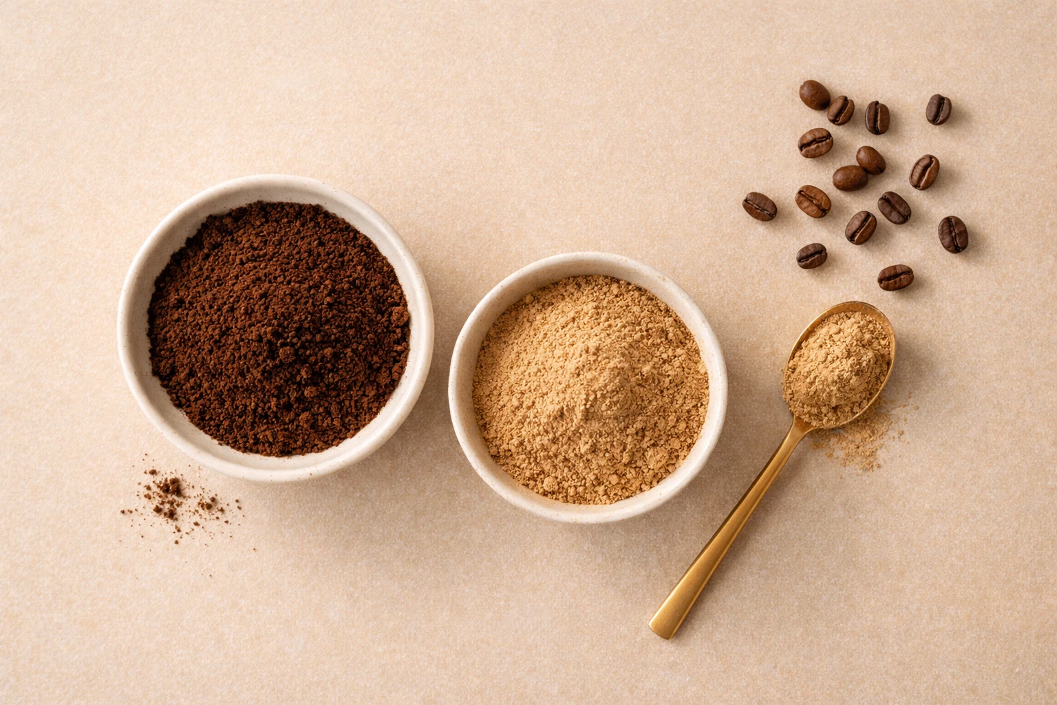Coffee powder and mushroom powder ingredients in white bowls with coffee beans