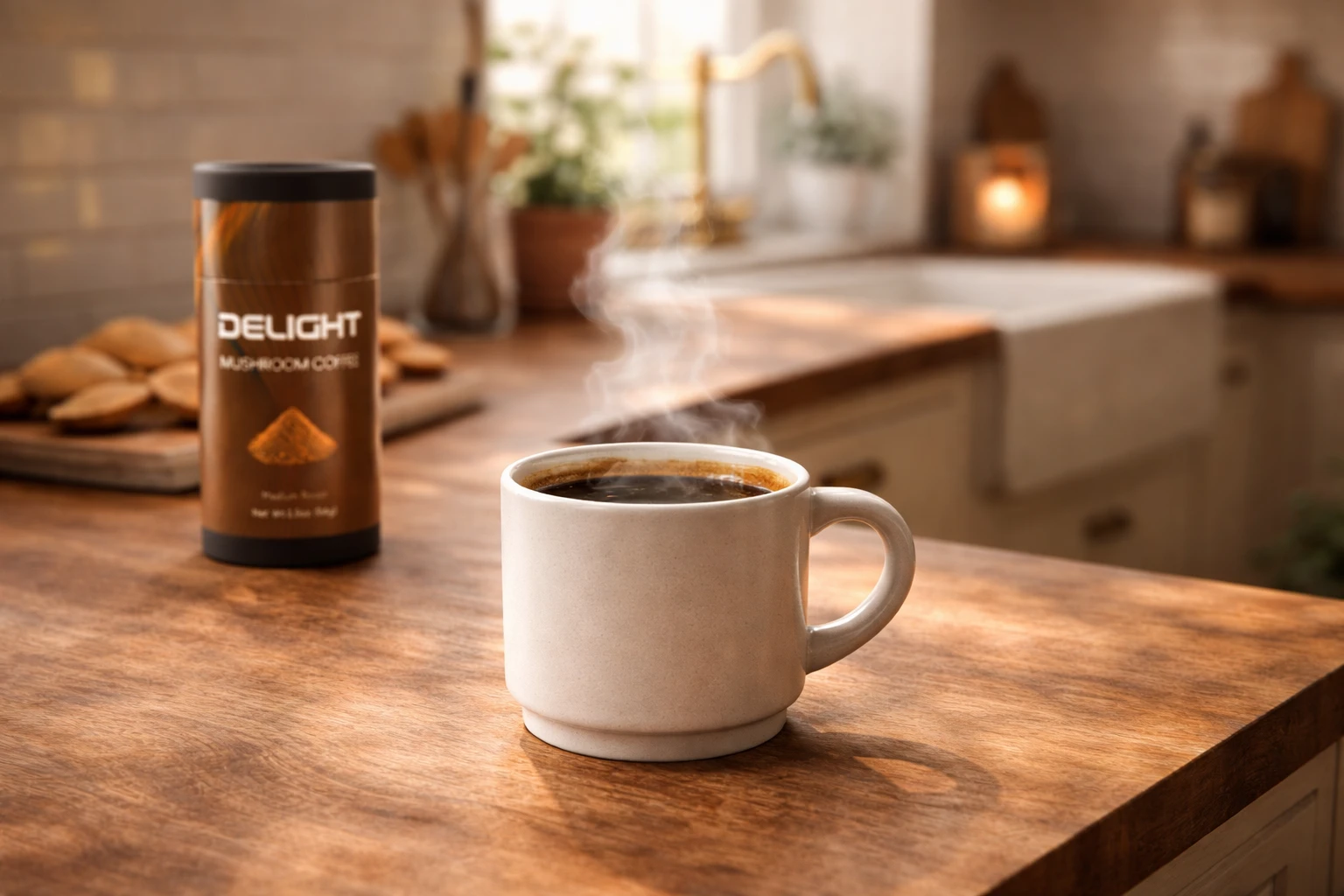 Woman at a wooden desk with laptop, holding a warm mug of mushroom coffee