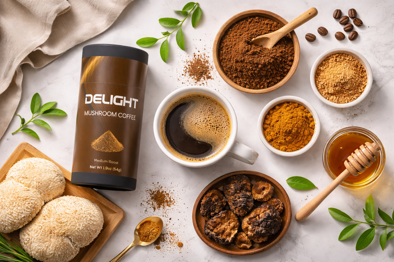 Functional mushrooms and natural wellness ingredients alongside a coffee cup