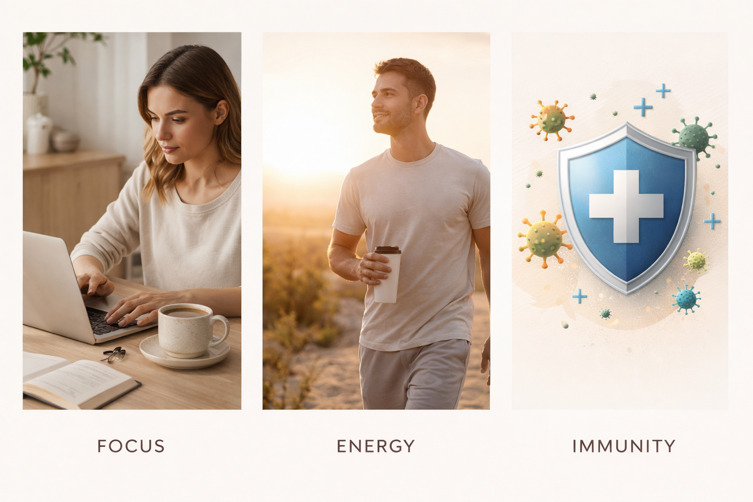 A single coffee cup in calm morning light representing sustained, balanced energy