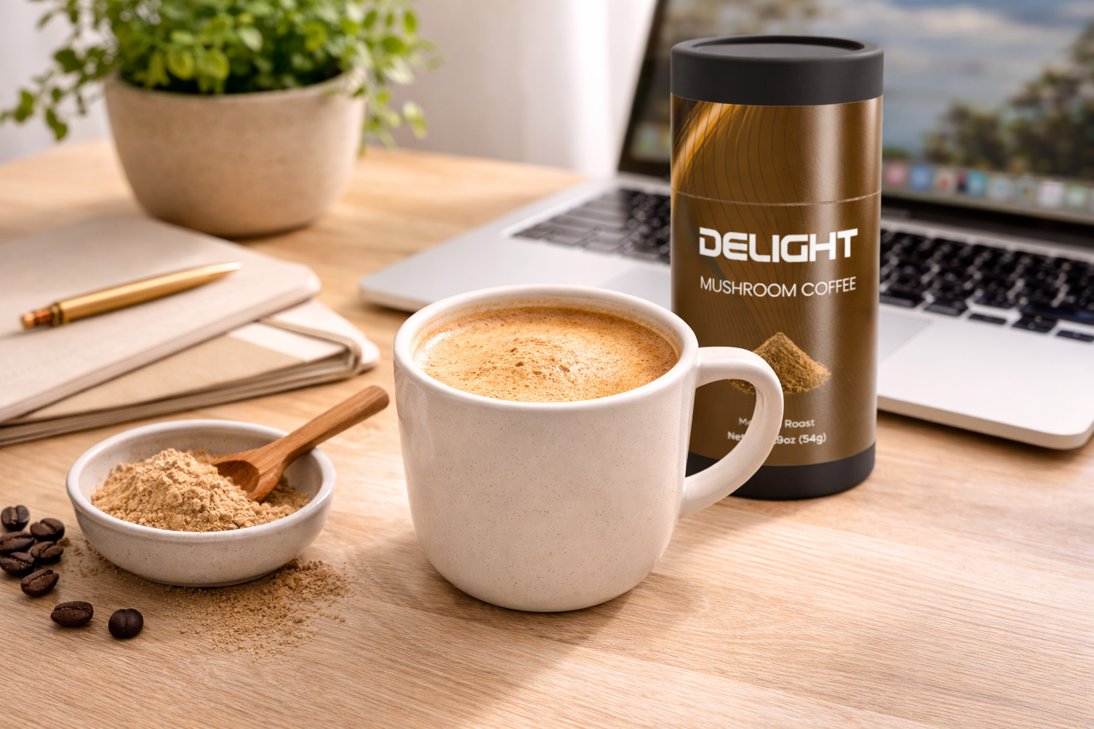 A cup of mushroom coffee with earthy mushrooms nearby