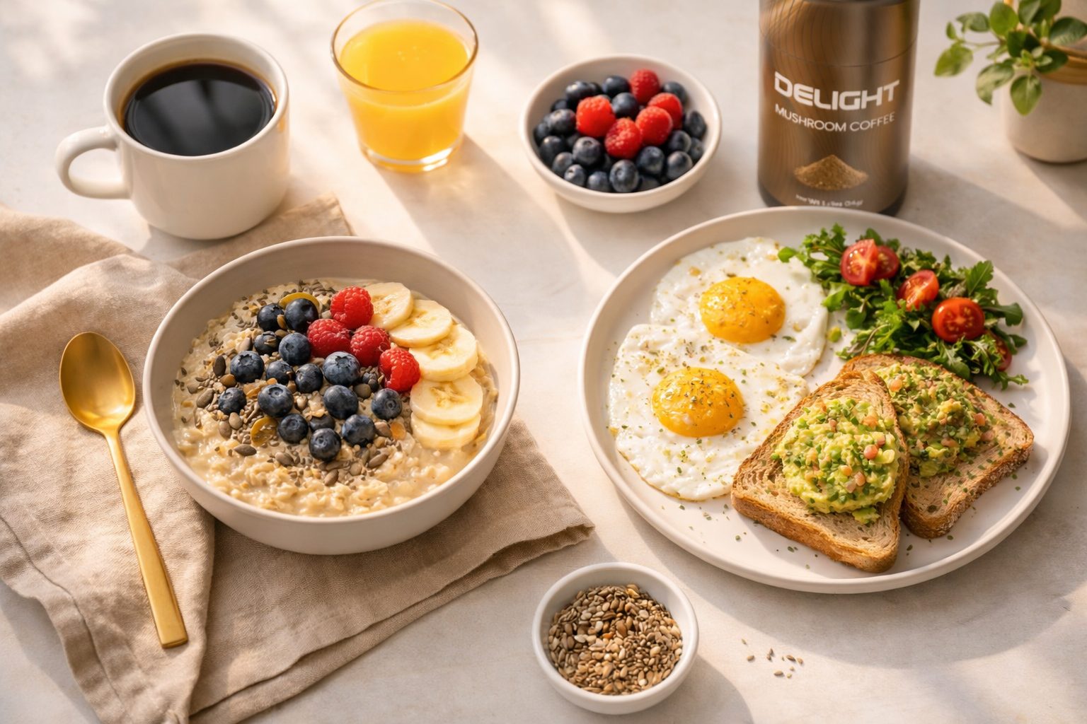 A nourishing breakfast bowl with fruits, nuts and grains on a clean table